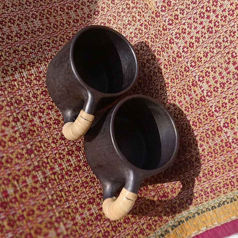 longpi black pottery coffee mugs round set of 2
