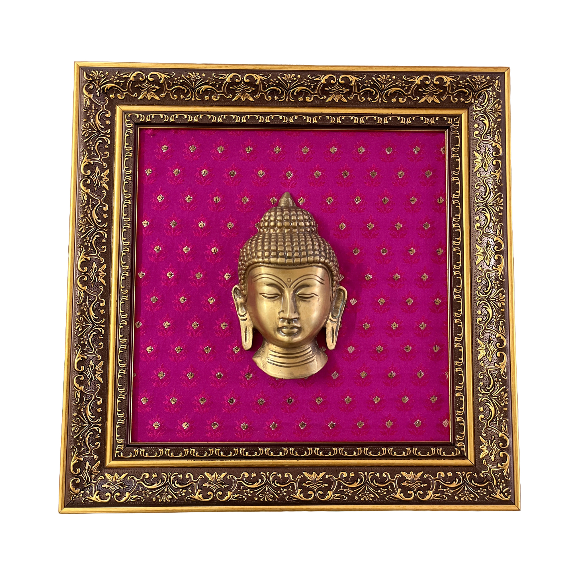 brass buddha face statue  framed in beautiful banarasi silk 12”