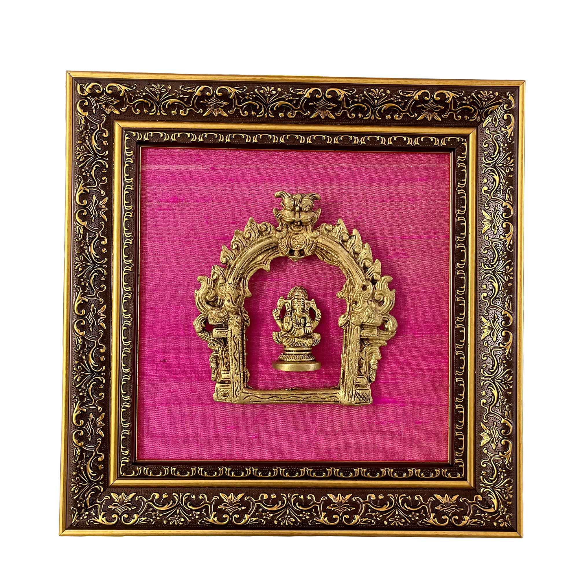 brass seated ganesh with mahakala arch statue  framed in beautiful tissue raw silk
