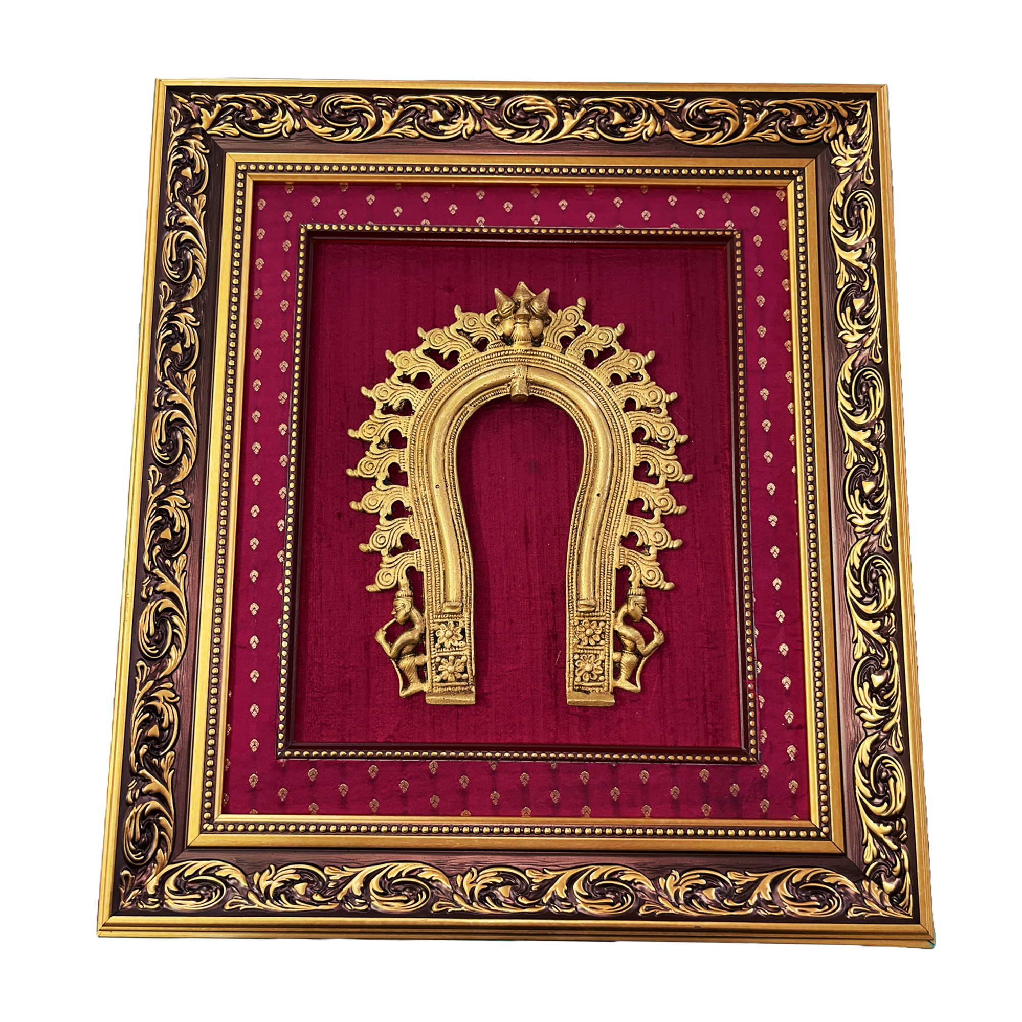 brass prabhavali arch framed in beautiful raw silk 18”